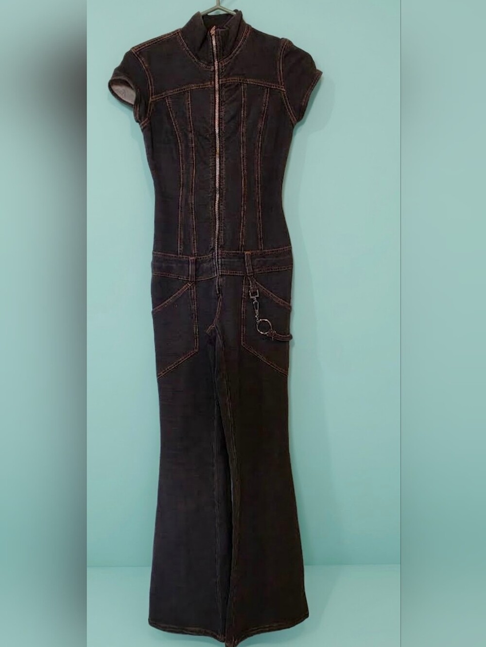 JLO Vintage Denim Jumpsuit Y2K 90s Size S Black Jean Flare Leg Stretch Catsuit